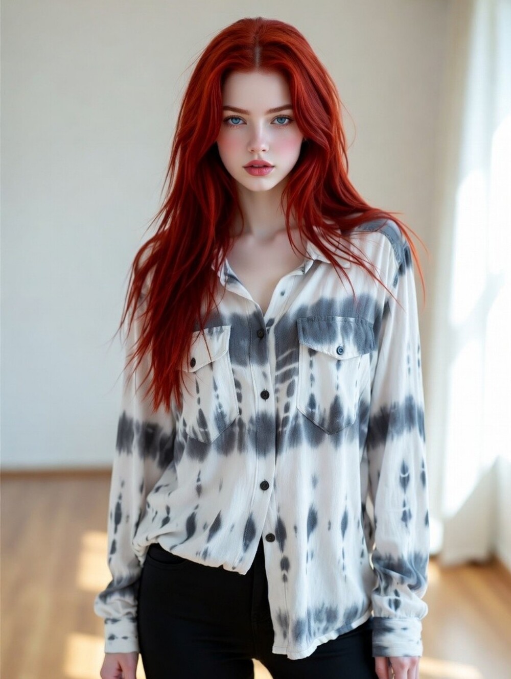 Sanctuary Medium Tie Dye Boyfriend Button Down Shirt Grey White Cloud Marble